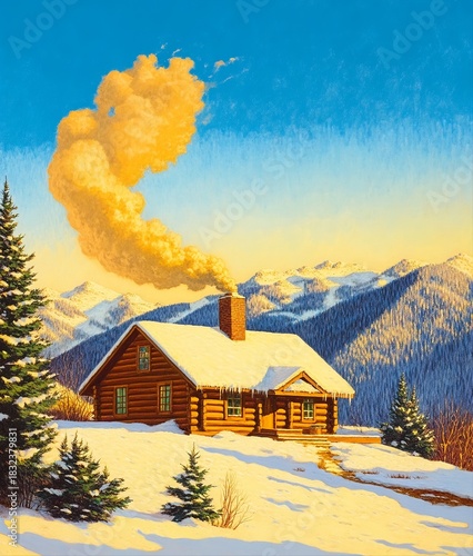 Fototapeta Naklejka Na Ścianę i Meble -  Vintage poster illustrating a small village street filled with lanterns and wreaths, and snow on rooftop