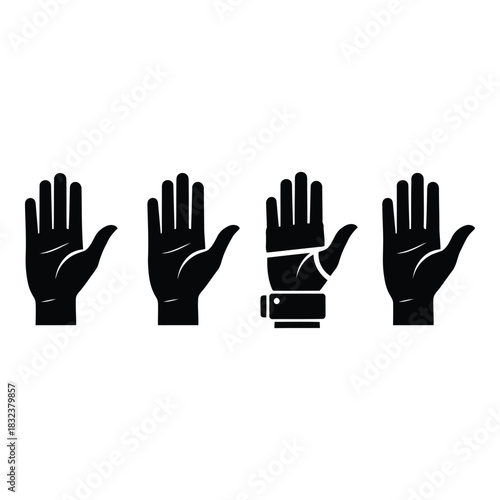 Four black hand icons with one hand wearing a protective glove