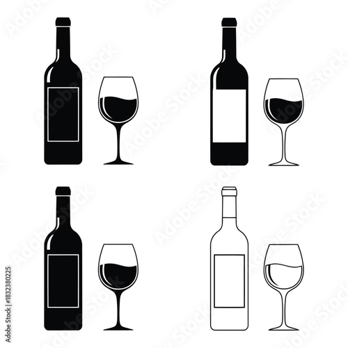 Set of wine bottles and glasses in silhouette and outline styles