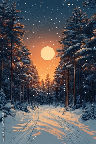 Serene winter forest road at sunset, large glowing moon, warm orange light, tall snow-covered pines, heavy snowfall