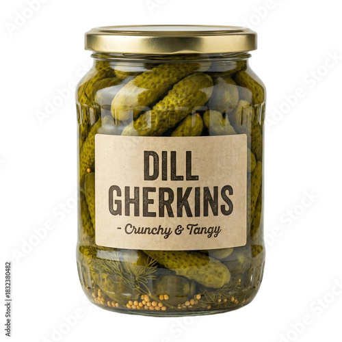A glass jar of dill gherkins, transparent background