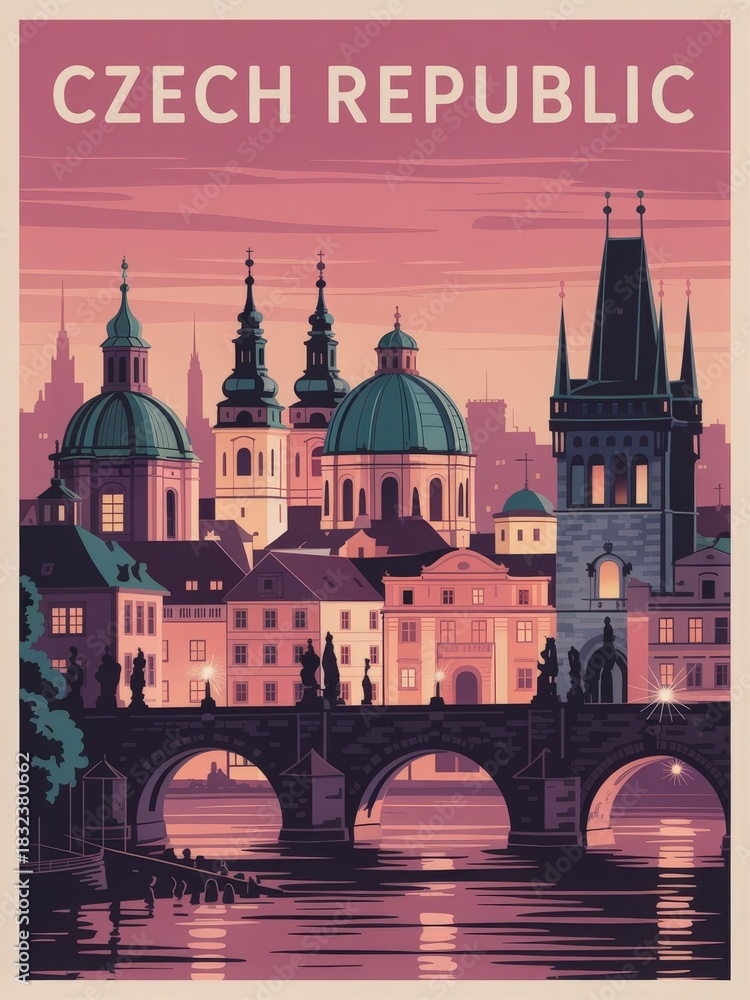 Obraz premium Witness the beauty of the Czech Republic at dusk, where historic domes and spires rise above the river. Couples stroll along the bridge as the city lights begin to glow, creating a serene atmosphere.