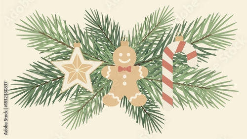 Festive Christmas Decorations with Gingerbread Man, Star, and Candy Cane on Pine Branches