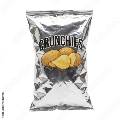 A silver bag of potato chips with 