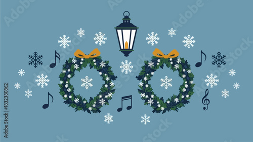 Festive winter decoration with two Christmas wreaths, a lantern, snowflakes, and musical notes on a blue background