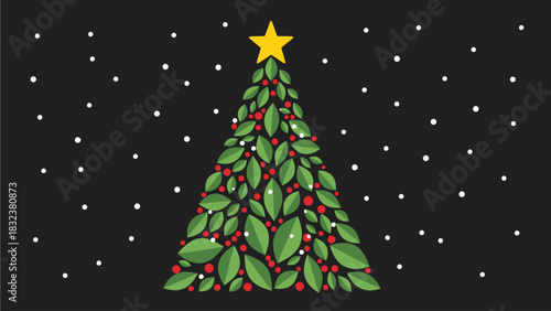 Festive Christmas Tree Illustration with Falling Snowflakes and Star on Dark Background