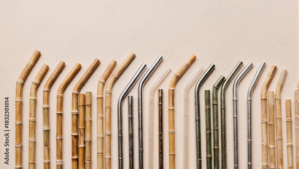 Obraz premium Eco-friendly reusable straws made of bamboo and stainless steel arranged in a row.