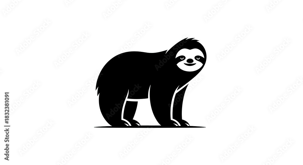 Naklejka premium Black Sloth Silhouette on White Background, Simple Animal Illustration.