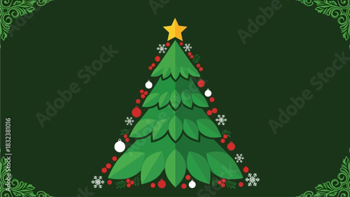 Festive Christmas Tree Decorated with Ornaments and Snowflakes on a Green Background with Decorative Border