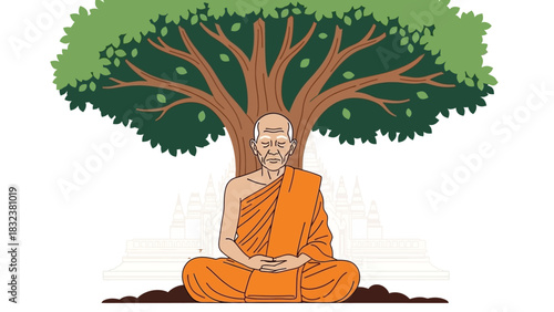 Peaceful monk meditating under a large tree with detailed branches and leaves, representing tranquility and spiritual practice