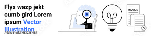 Artificial intelligence, innovation, digital transactions, creative thinking, ideas, financial technology. A digital brain, light bulb and invoice. Innovation and AI concept