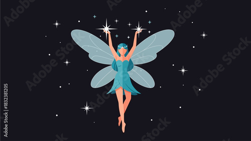 Magical Fairy Spreading Stardust in a Starry Night Sky with Glittering Stars and Sparkles