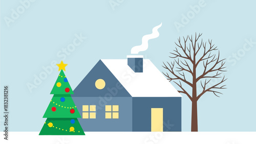 Cozy Winter Home with a Decorated Christmas Tree and Bare Tree Under a Soft Blue Sky