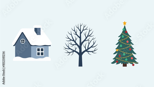 Winter season icons featuring a snow-covered house, bare tree, and decorated Christmas tree
