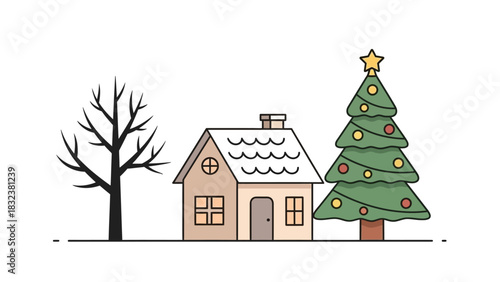 Cozy Winter Scene A Snow-Dusted House and a Decorated Christmas Tree with a Bare Tree