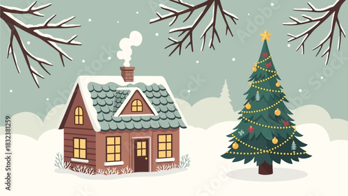 Cozy Christmas Scene with a Snow-Covered House and Decorated Tree in a Winter Landscape