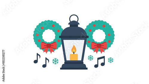 Festive Lantern with Christmas Wreaths and Music Notes A Symbol of Holiday Cheer