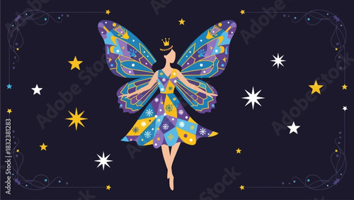 Whimsical fairy with butterfly wings adorned in a patterned dress, against a dark, star-speckled night sky