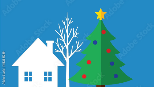 Festive Christmas Tree and Cozy House Decorating for Holiday Celebration on a Clear Blue Sky Background