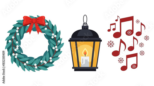 Festive Wreath, Glowing Lantern, and Musical Notes for a Joyful Holiday Season