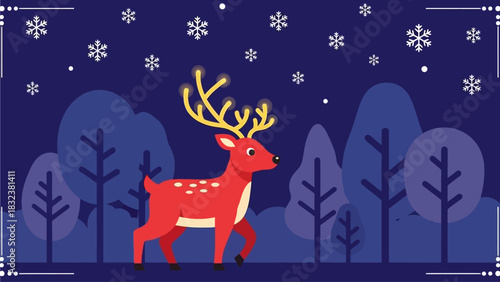 Festive Christmas reindeer with glowing antlers walks through a snowy forest under falling snowflakes and silhouetted trees