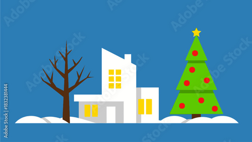 Festive winter scene featuring a modern house decorated for Christmas, surrounded by snow and a winter tree with a star on top