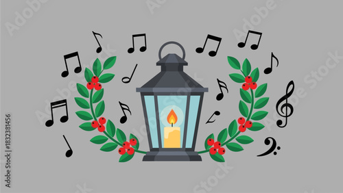 Illuminated Lantern with Holly Berries and Musical Notes for a Festive Atmosphere