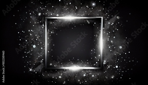 abstract square frame with silver sparkles on black background