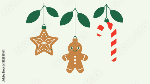Festive Holiday Ornaments Including Star Cookie, Gingerbread Man, and Candy Cane Hanging from Green Leaves