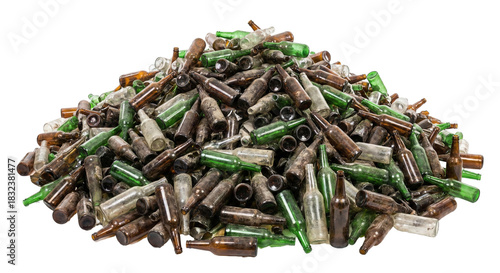 A large pile of assorted glass bottles, transparent background