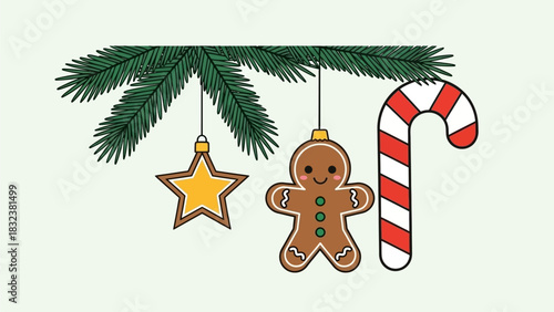 Christmas tree decoration with gingerbread man, star ornament, and candy cane hanging on a branch
