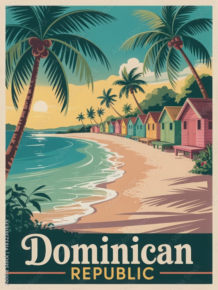 Fototapeta premium Vibrant beach huts in shades of pink and green line a sandy shore in the Dominican Republic. Palm trees sway gently against a backdrop of a golden sunset and calm waves.