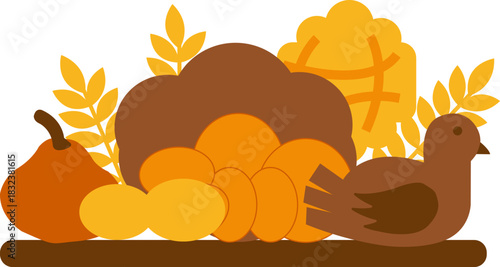 Autumnal illustration featuring a pear, bird, and harvest elements on white