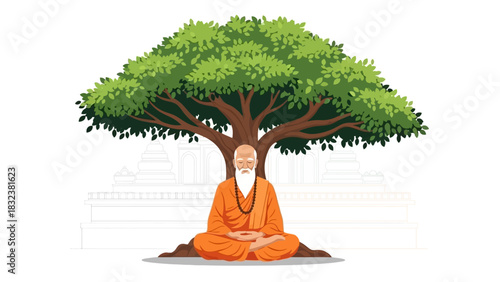 Illustration of an elderly Indian man in meditation under a large tree, symbolizing peace and wisdom