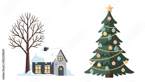 Winter Scene with Snow-Covered House and Decorated Christmas Tree
