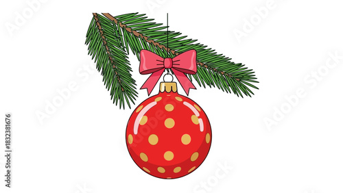 A festive red Christmas ornament with yellow polka dots hangs from a green fir branch, adorned with a pink bow