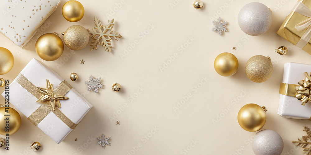Fototapeta premium Golden holiday flat lay with wrapped gifts, baubles and snowflakes on cream background, elegant celebratory layout