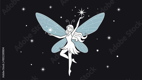 Enchanting Illustration of a Fairy with Sparkling Wings and a Magical Wand Under a Starry Night Sky