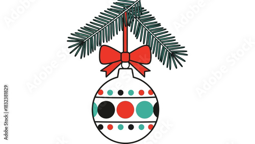 Festive Christmas ornament with a vibrant red bow hanging from a green pine branch, adorned with colorful polka dots