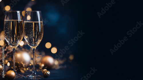 Two champagne glasses with bokeh and golden decor on dark background, elegant New Year celebration vibe