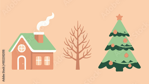 Cozy winter scene with a festive decorated Christmas tree, a bare deciduous tree, and a charming little house with smoke coming from the chimney, creating a warm and inviting atmosphere