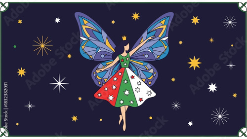 Whimsical Fairy with Butterfly Wings in Starry Night Sky, Festive Dress Adorned with Stars and Geometric Patterns