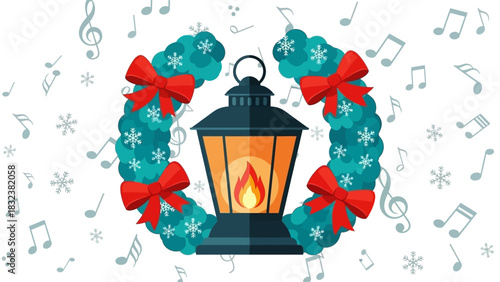 Vintage Lantern Surrounded by a Festive Wreath with Musical Notes and Snowflakes