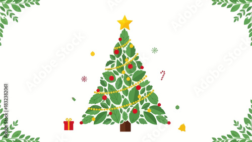 Festive Green Christmas Tree with Ornaments, Gift Box, and Star Topper on a White Background Surrounded by Foliage Garland