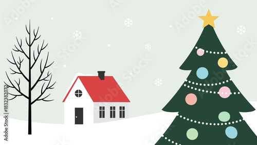 Charming winter scene with a decorated Christmas tree and a cozy house, perfect for holiday greetings