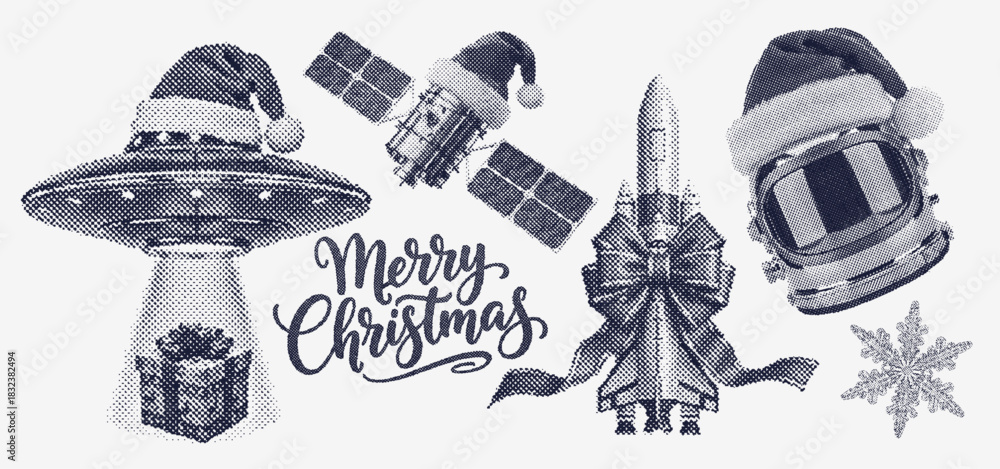 Obraz premium Christmas in Space: Festive Holiday collection, UFO, astronaut helmet, and rocket ship, satellite, retro halftone style set