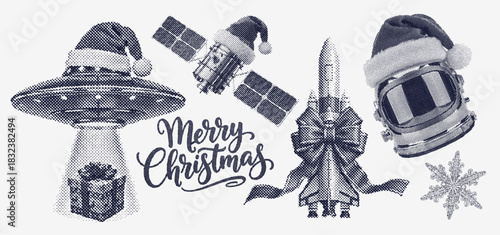 Christmas in Space: Festive Holiday collection, UFO, astronaut helmet, and rocket ship, satellite, retro halftone style set