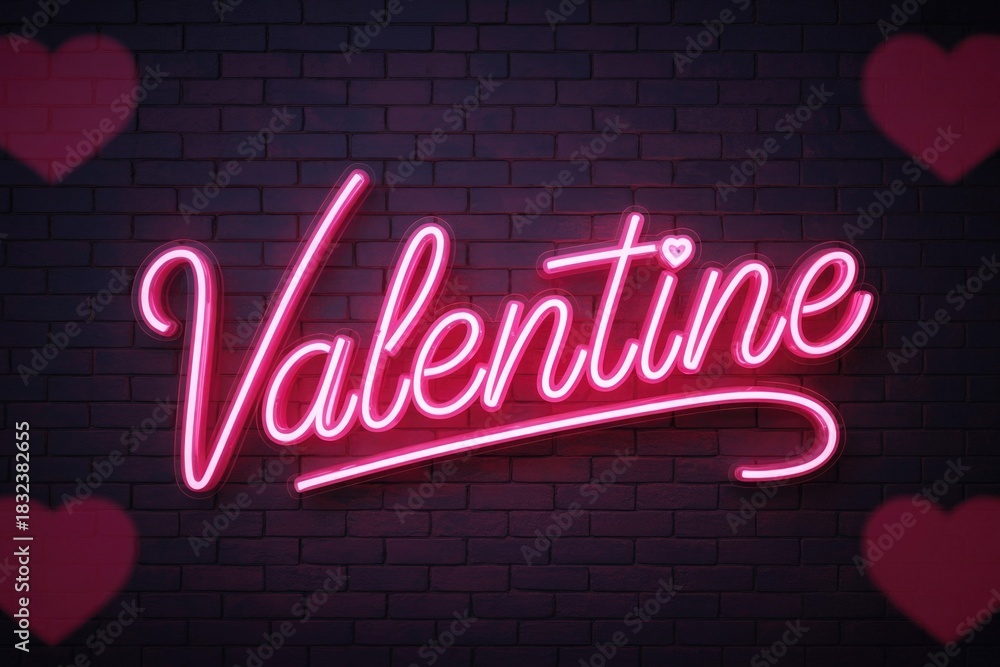 Obraz premium A vibrant pink neon 'Valentine' sign glows against a dark brick wall, adorned with subtle heart accents, perfect for celebrating love and romance.