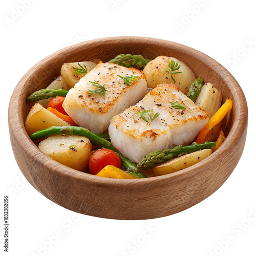Baked cod with vegetables isolated on transparent background