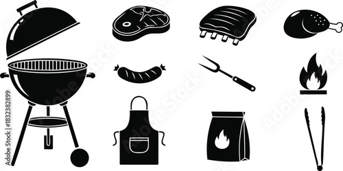 Barbecue grill and meat icons black and white